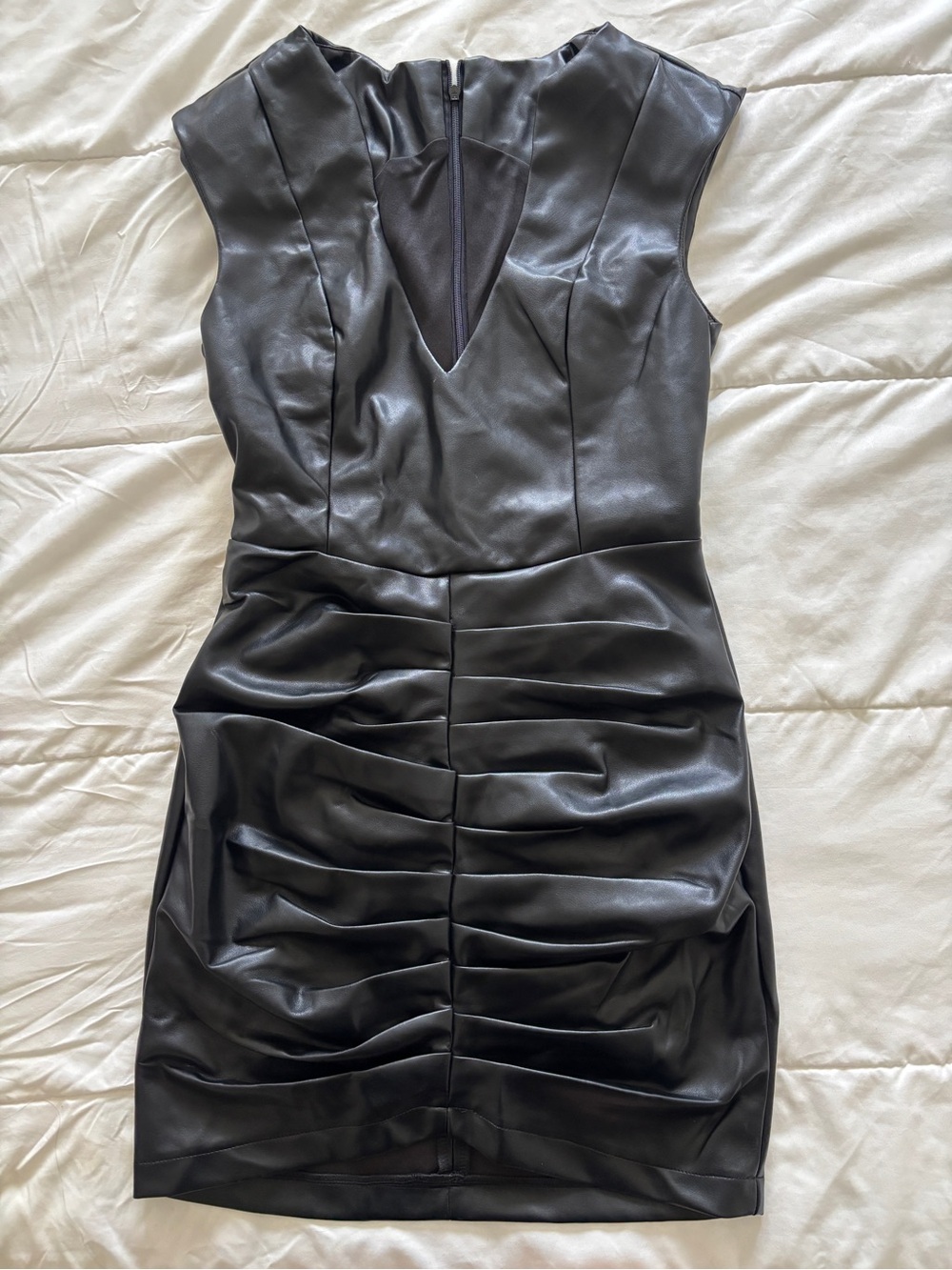 Micas Faux Leather Black Ruched Sheath Dress